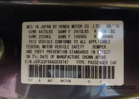 2010 Acura Tsx 2.4 z USA, uszkodzony, nr VIN JH4CU2F66AC039747